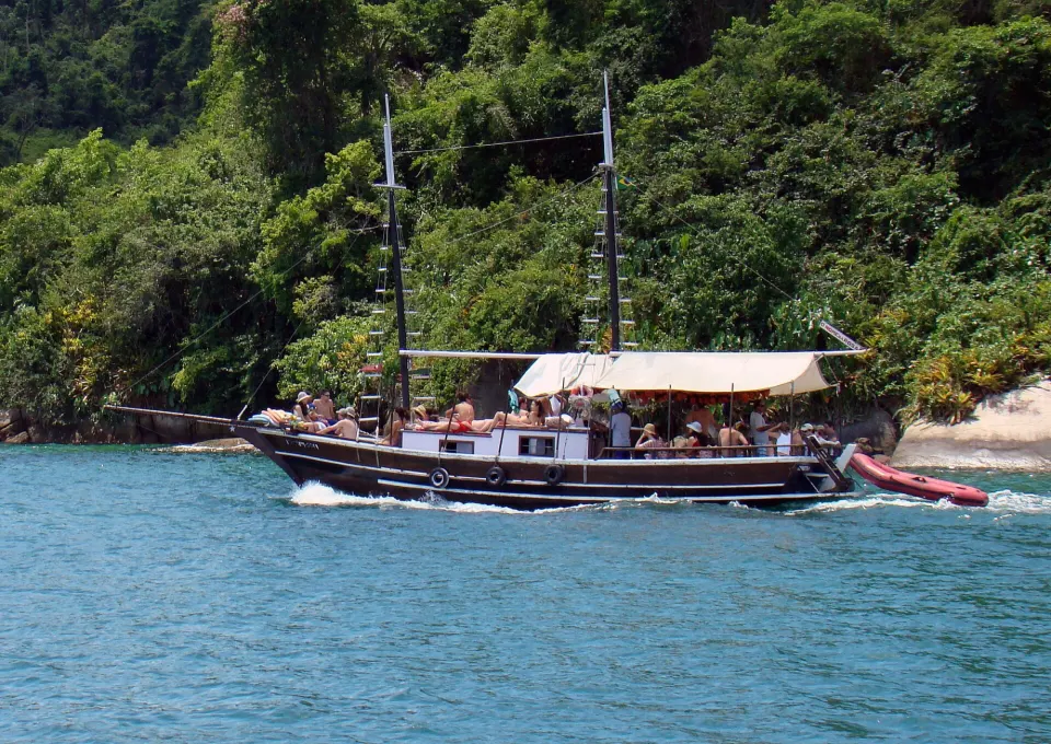Traditional wooden schooner with passengers cruising past a green forested coast