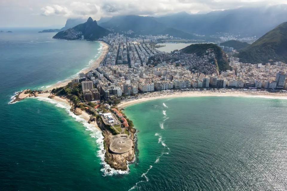 Aerial view of Copacabana Fort, Copacabana beach and Ipanema with Dois Irmãos behind