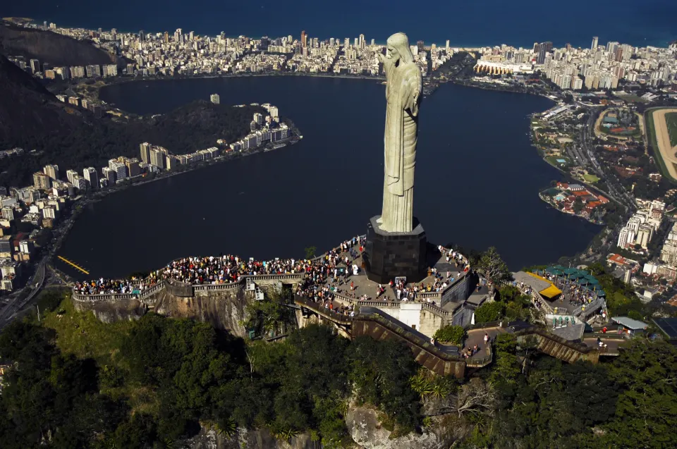 Aerial view of Christ the Redeemer above Lagoa Rodrigo de Freitas and Ipanema