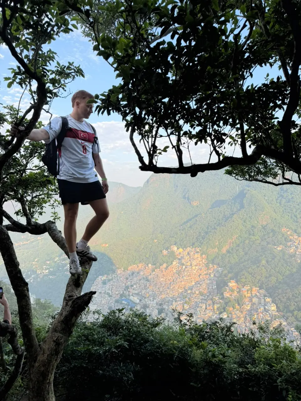 A hiker standing in a tree above a viewpoint over Rio