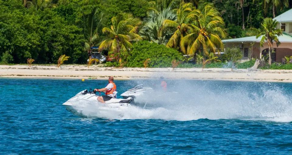 Rider on a white jet ski spraying water along a tropical palm-lined beach