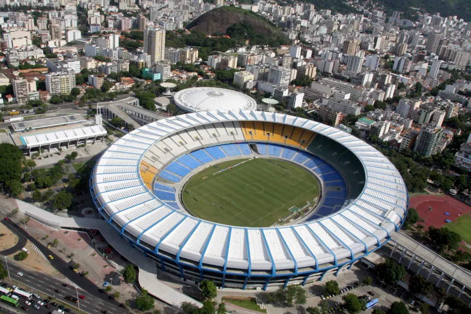 Aerial view of Maracanã stadium with its white roof ring and green pitch