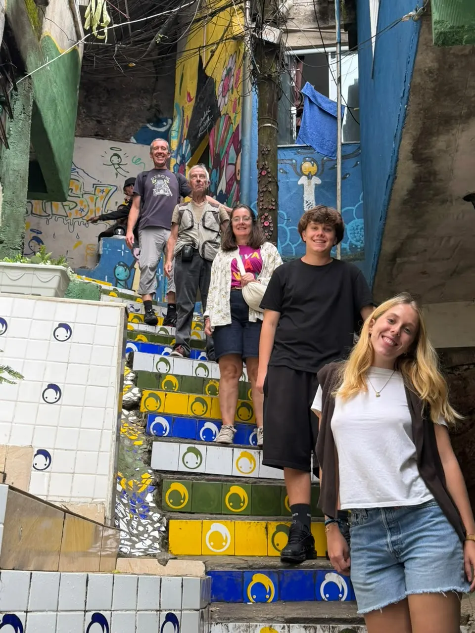 A group of travellers on the tiled Selarón steps in Lapa